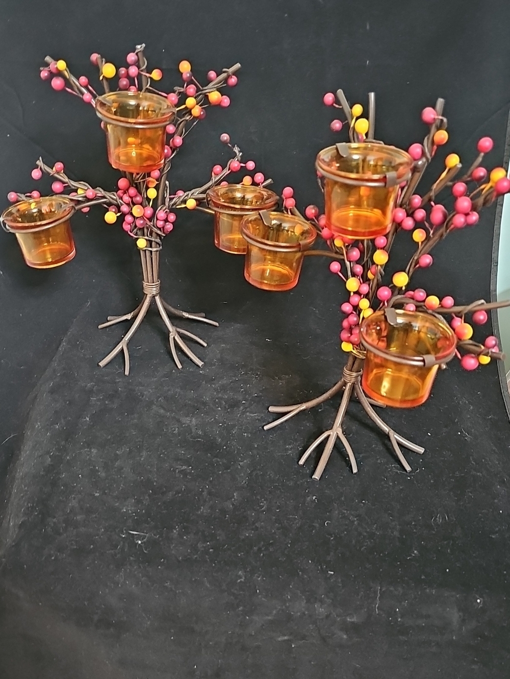 Fall Duo Vintage Amber Glass Tealight Holder Tree with Red  Yellow Berry Accents